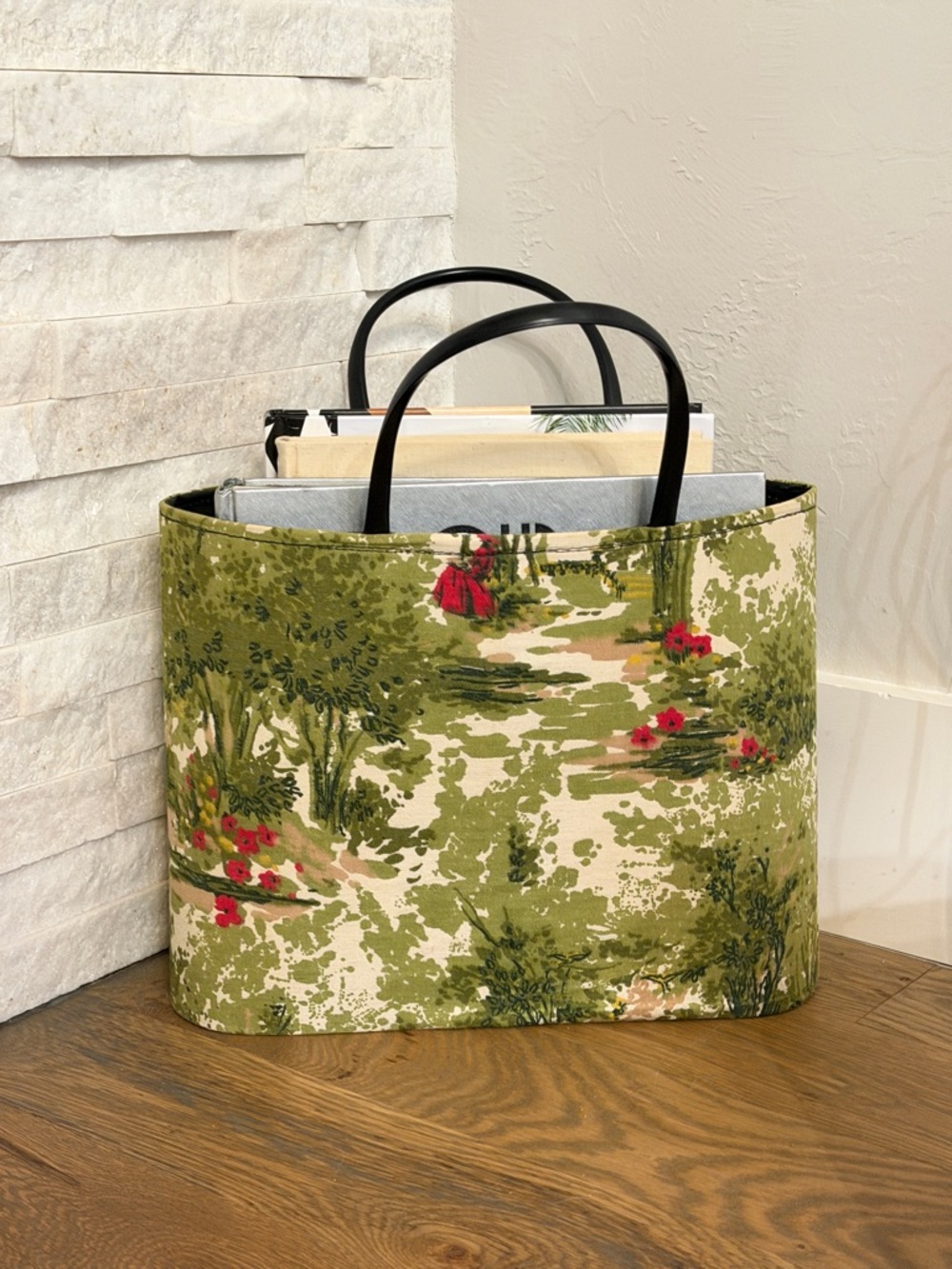 Green Floral Canvas Tote Bag with Black Handles